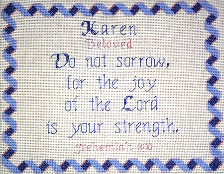Karen Name Blessings stitched by Trish Estes